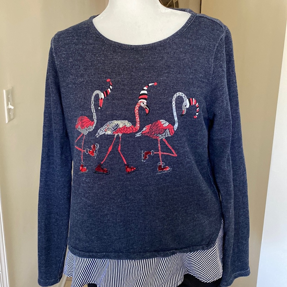 Christmas Crown and Ivy top navy blue with pink and silver Christmas flamingos